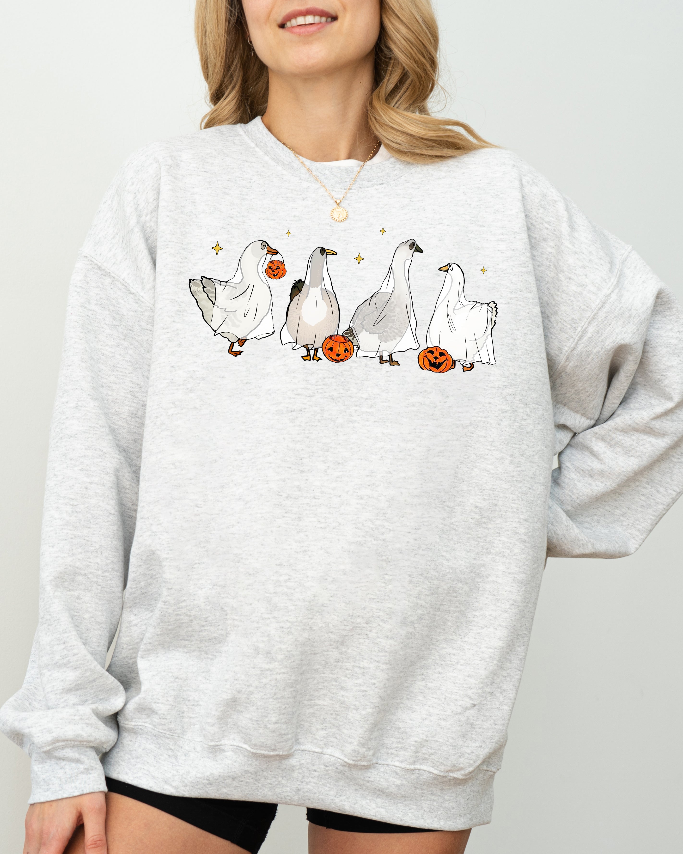 Ghost Geese, Farm, Skeleton, Funny, Pumpkin, Spooky, Witch, Aesthetic, Meme, Halloween, Costume Sweatshirt